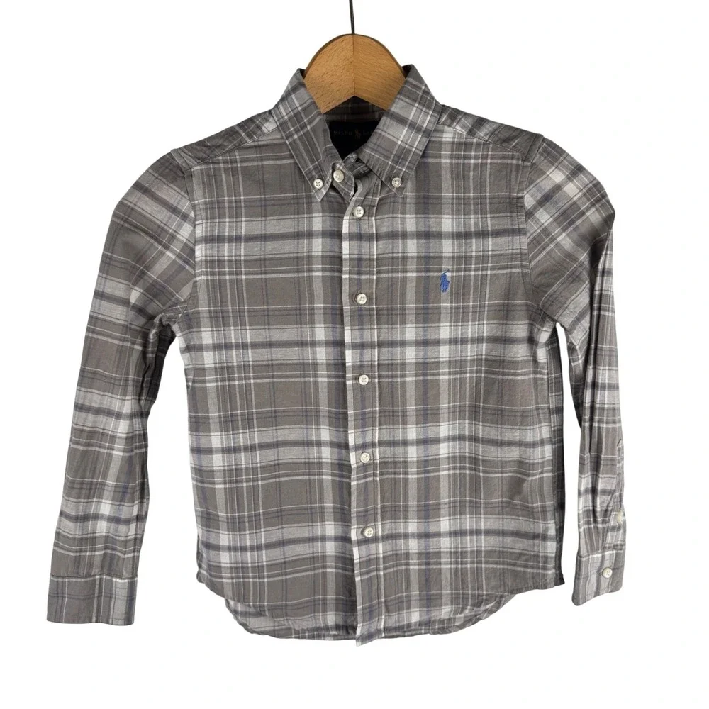 Ralph Lauren Boys Plaid Button Down Shirt Long‎ Sleeve Size 6 Cotton Linen Blend